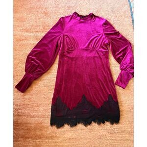ASOS Velvet Lace Mini Dress Pink Black Long Sleeve Size 12